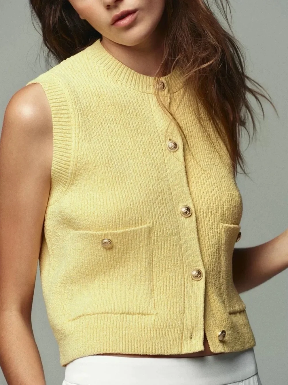 Zara Pale Yellow Sleeveless Knit Cardigan Vest